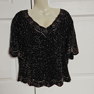 La Madona Women's Scalloped  Beaded Short Sleeves Top Large Black/ Gold